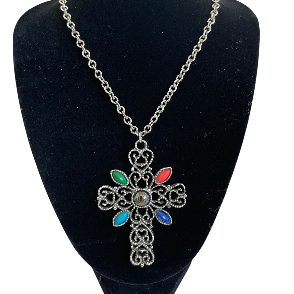 AVON Silver-Tone Cross Necklace with Blue, Green, and Red Accents